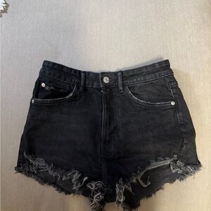 Zara Black Distressed Frayed High Rise Jean Shorts